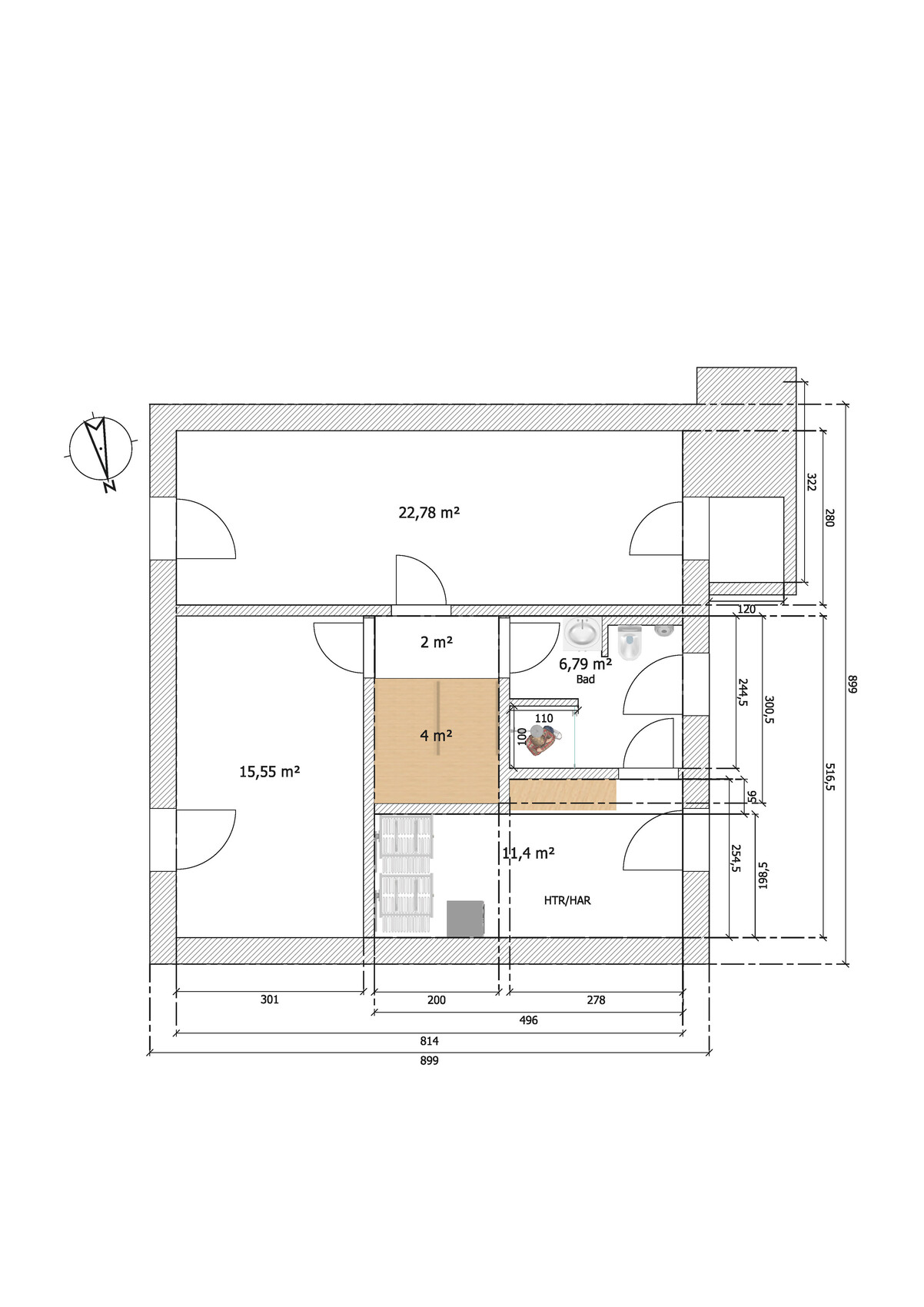 Grundriss einer Wohnung mit Räumen, Türen und Maßangaben (22,78 m2, Bad 6,79 m2).