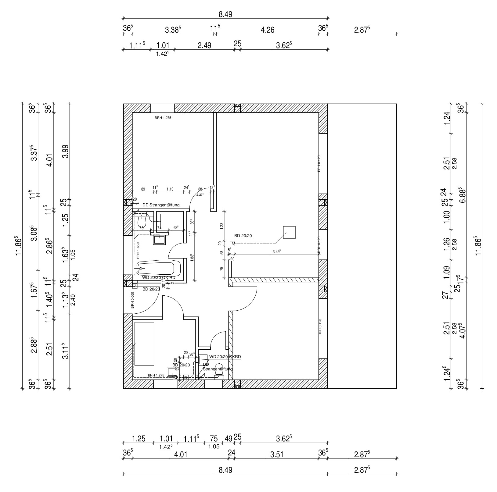 Grundriss eines Apartments mit Bad, Schlafzimmer und Türen, inklusive Maßlinien.