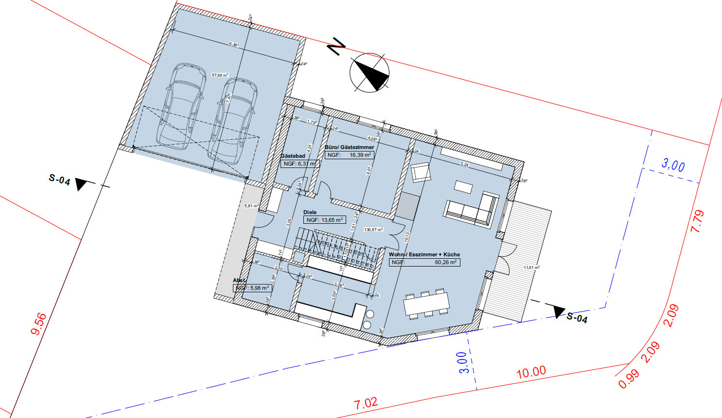Grundriss eines Hauses mit Garage, Büro/Gästezimmer, Diele, Wohn-/Esszimmer, Küche.