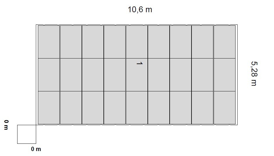 Grundriss eines 10,6 m × 5,28 m großen Rechtecks mit Raster; Zelle 1 hervorgehoben.