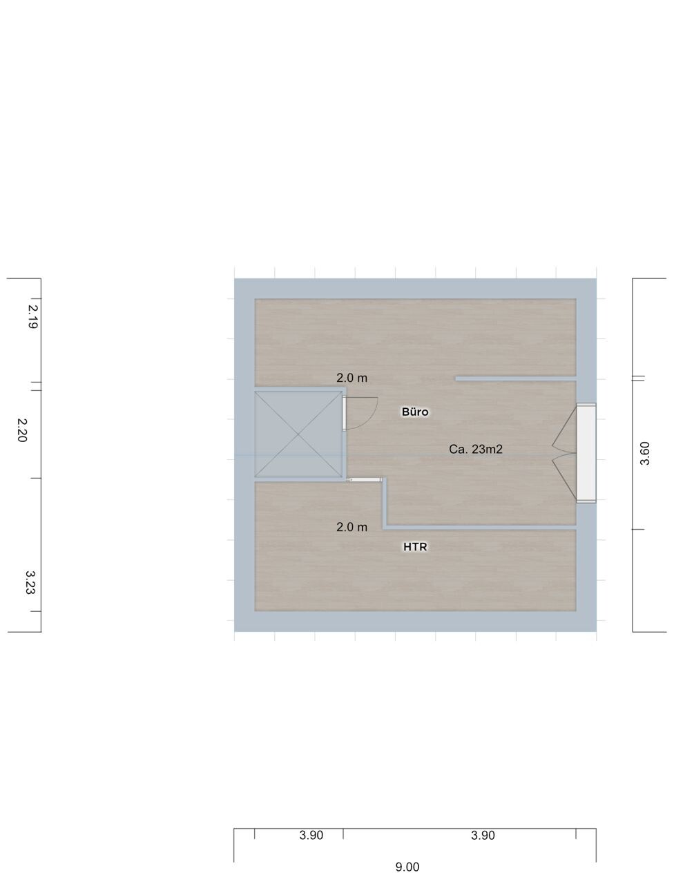 Grundriss eines Büros ca. 23 m2 mit HTR-Raum unten; Aufzug links neben Eingang.