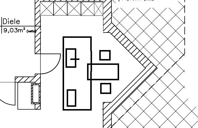 Grundriss einer Wohnung mit Diele, Tür, zentraler Möbelgruppe, Tisch und Stühle.