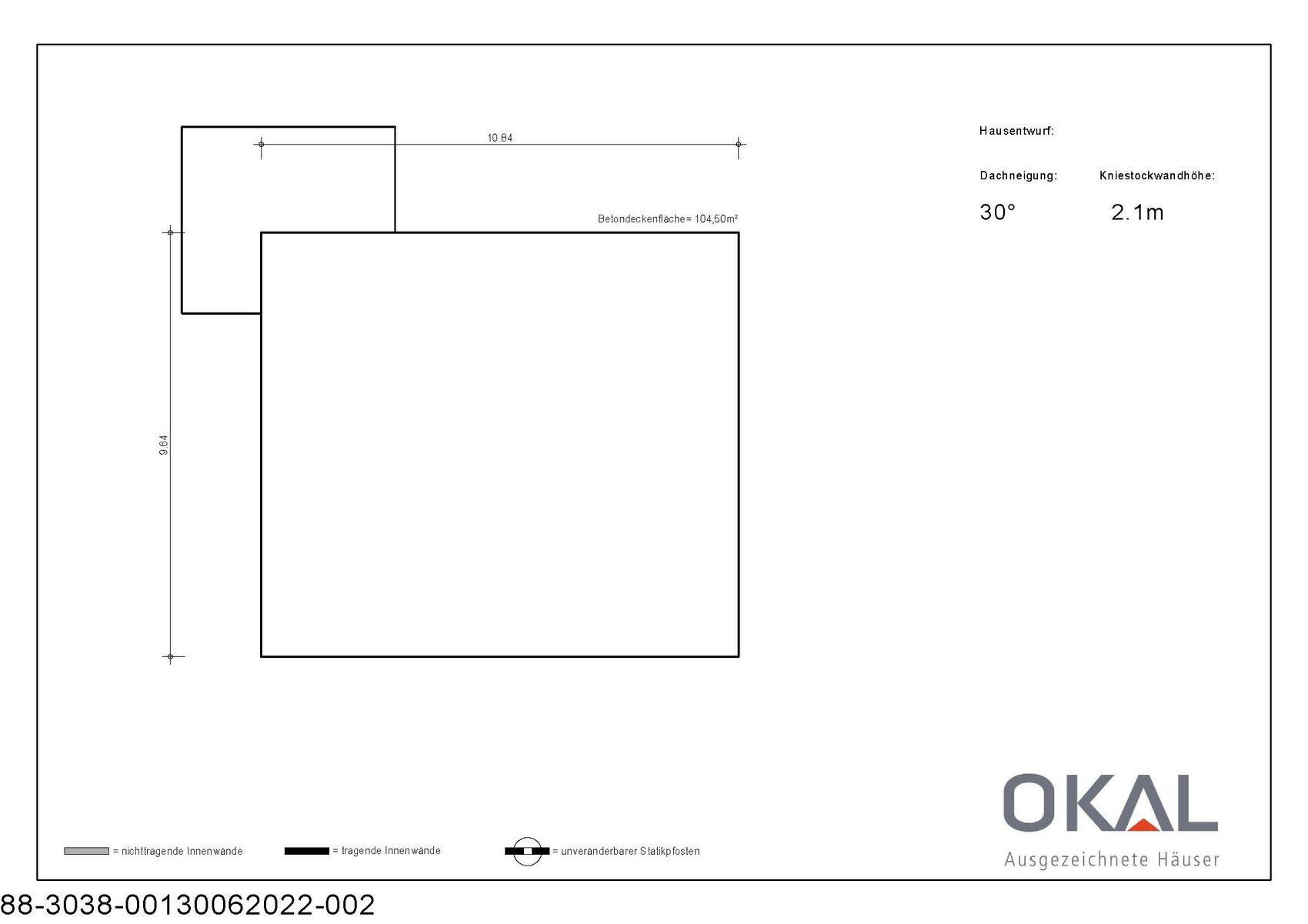 Grundriss eines Hausentwurfs mit L-Form, Maßangaben, Dachneigung 30°, Kniestock 2,1 m, OKAL-Logo