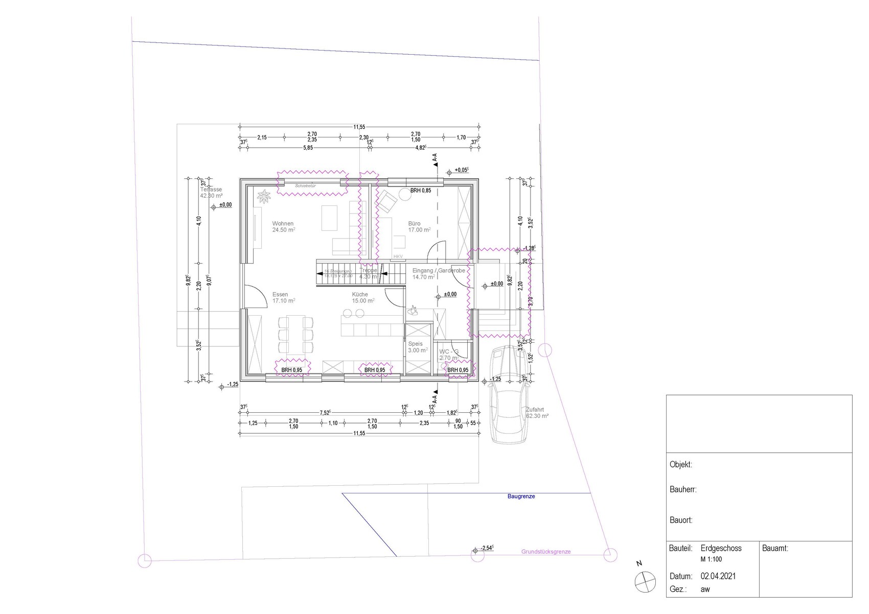 Architektur-Grundriss: Erdgeschoss mit Wohnzimmer, Essbereich, Küche, Büro und Garage.