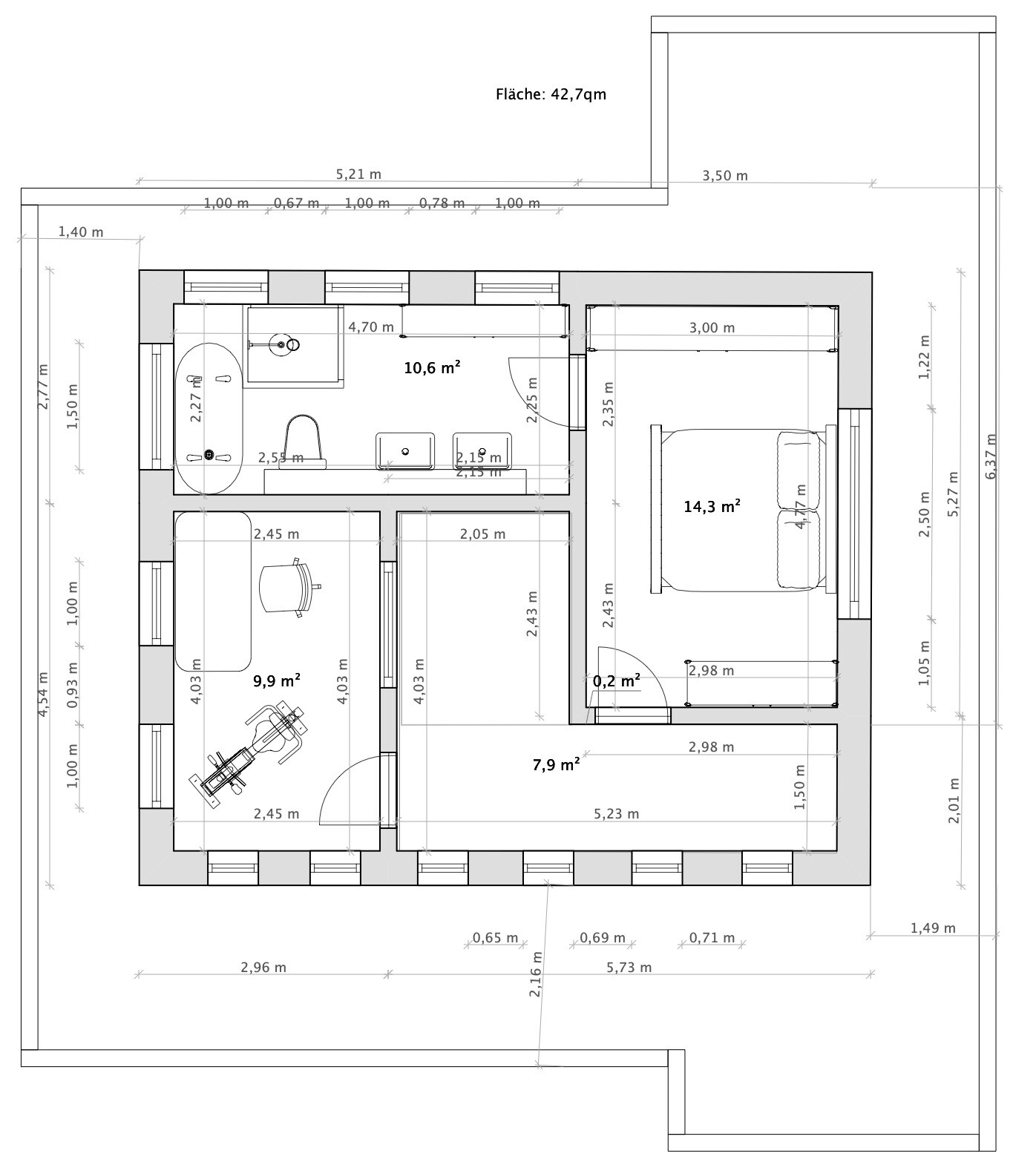 Grundriss eines Wohnhauses mit Küche, Bad, Arbeitszimmer, Schlafzimmer und Flur.