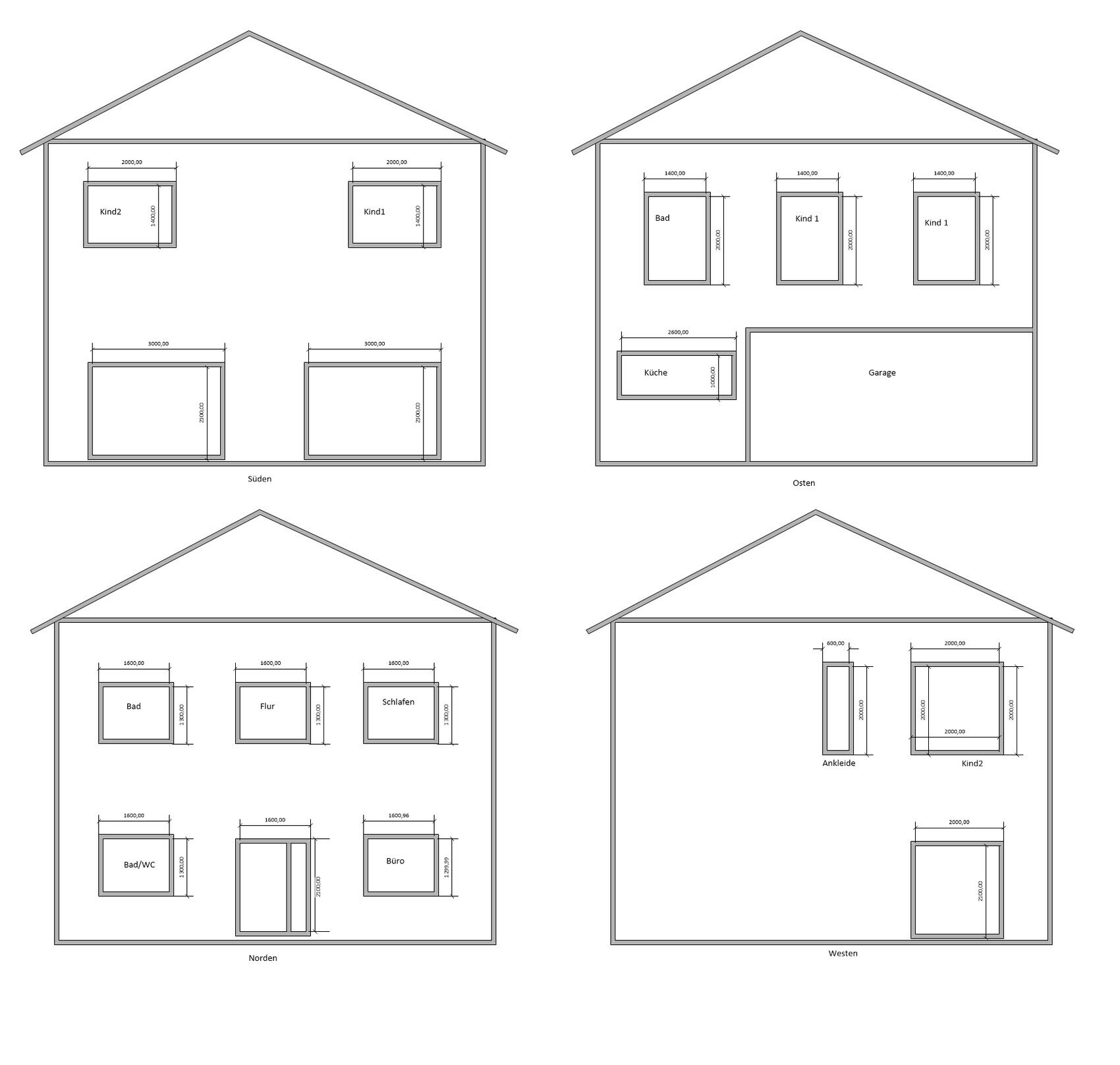 Grundriss eines Hauses mit mehreren Räumen: Kueche, Bad, Schlafen, Buero, Garage, aus vier Ansichten.