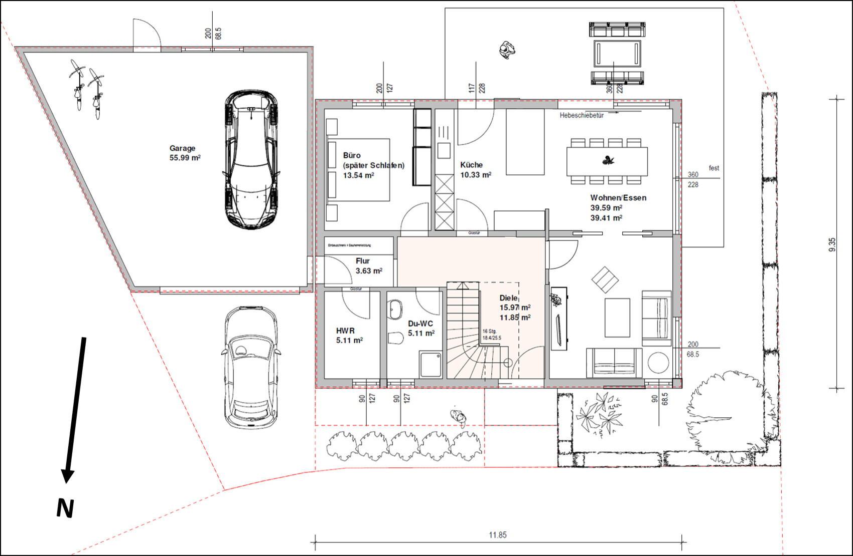 Grundriss eines Hauses: Garage, Büro, Küche, Wohnzimmer, Essbereich, Diele, HWR, WC
