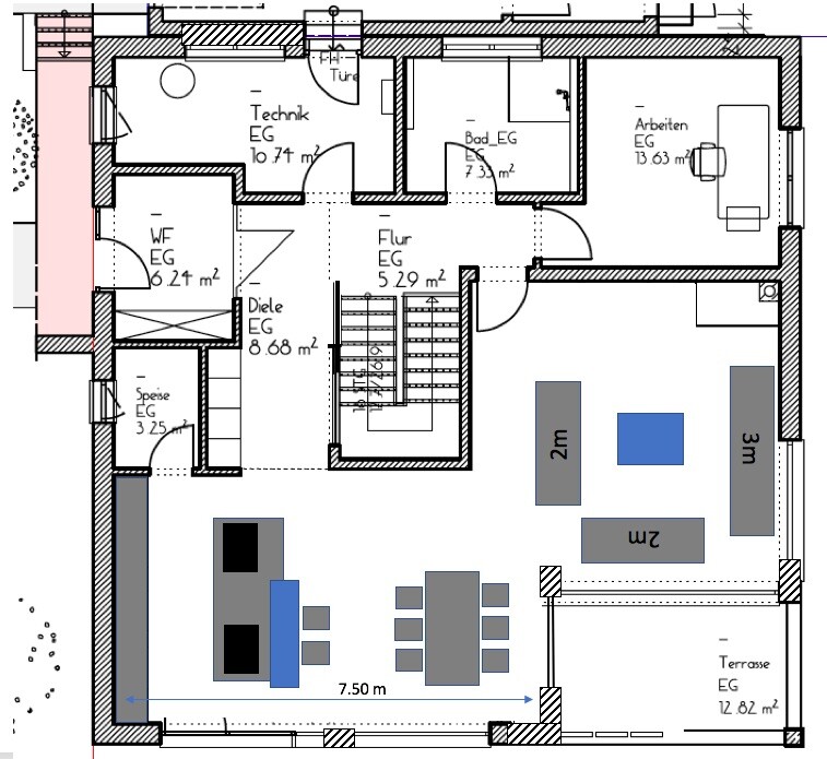 Grundriss EG: Küche, Essbereich, Wohnzimmer, Arbeitszimmer, Bad, Technikraum, Diele/Flur.