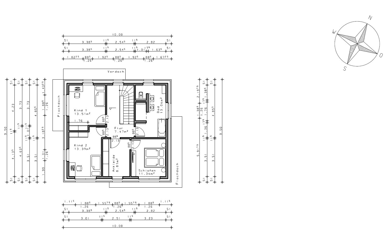 Grundriss eines Hauses mit Schlafzimmer, Kinderzimmer, Ankleide, Bad und Flur; Kompassrose.
