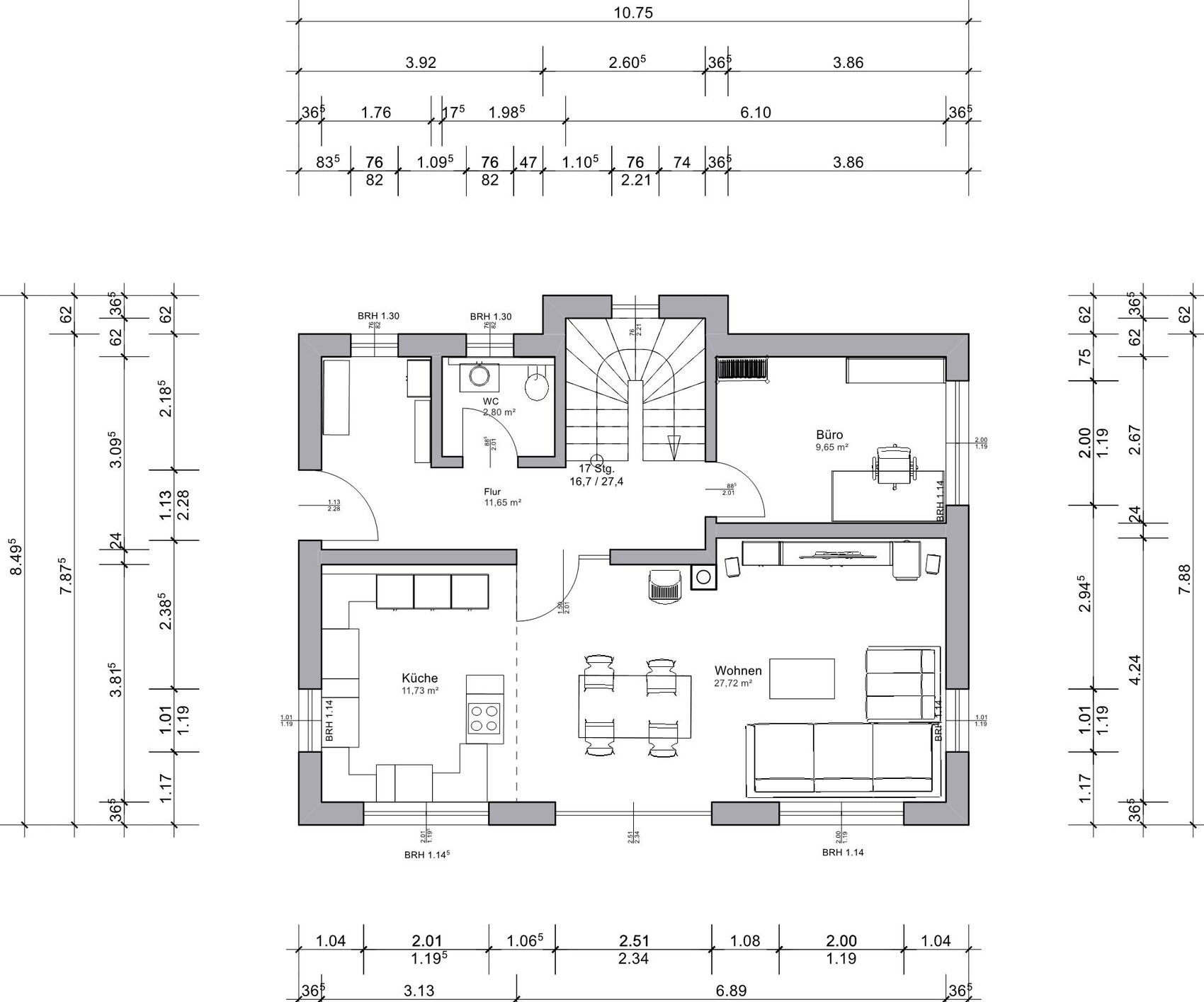Detailreicher Grundriss des Erdgeschosses: Küche, Wohnzimmer, Büro, Flur, WC, Treppe.