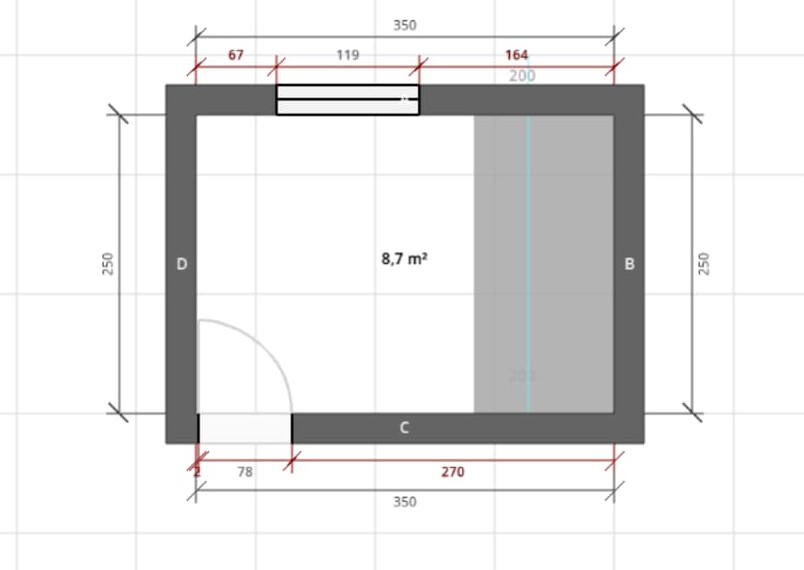 Grundriss eines kleinen, rechteckigen Raums mit Tür unten links, 8,7 m², graue Wand rechts
