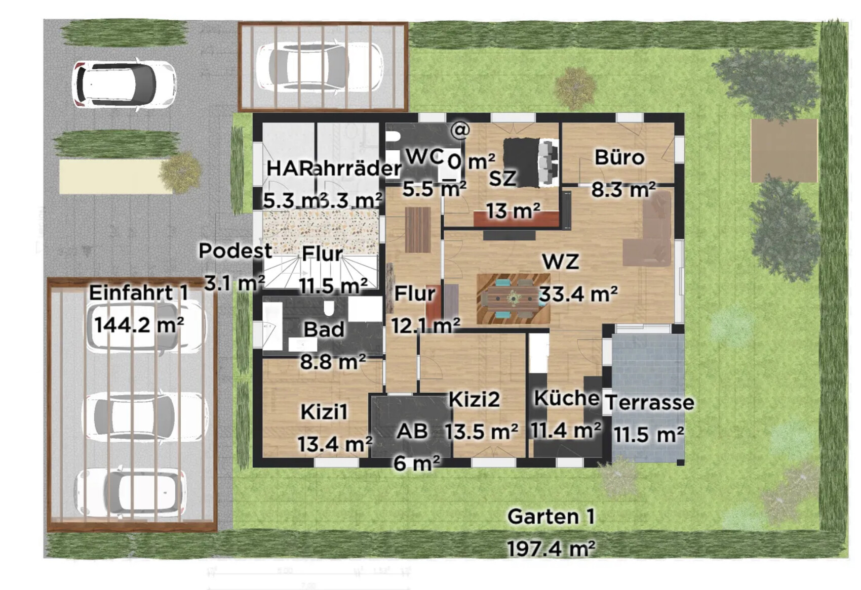 Grundriss: WZ, Küche, Büro, SZ, 2 Kinderzimmer, Bad, WC, Terrasse, Garten, Flur, Parkplätze
