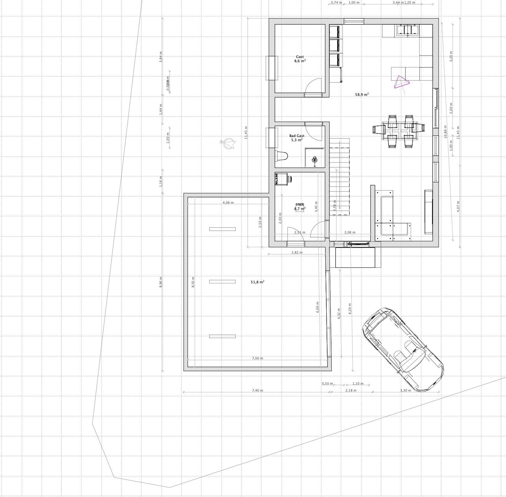 Grundriss eines Hauses: offener Wohn-/Essbereich, Küche, Bad, Gästezimmer, HWR, Garage.