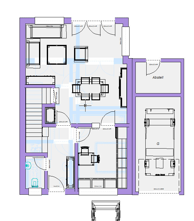 Grundriss eines Hauses: Wohnzimmer, Essbereich, Küche, Bad, Schlafzimmer, Abstellraum, Garage.