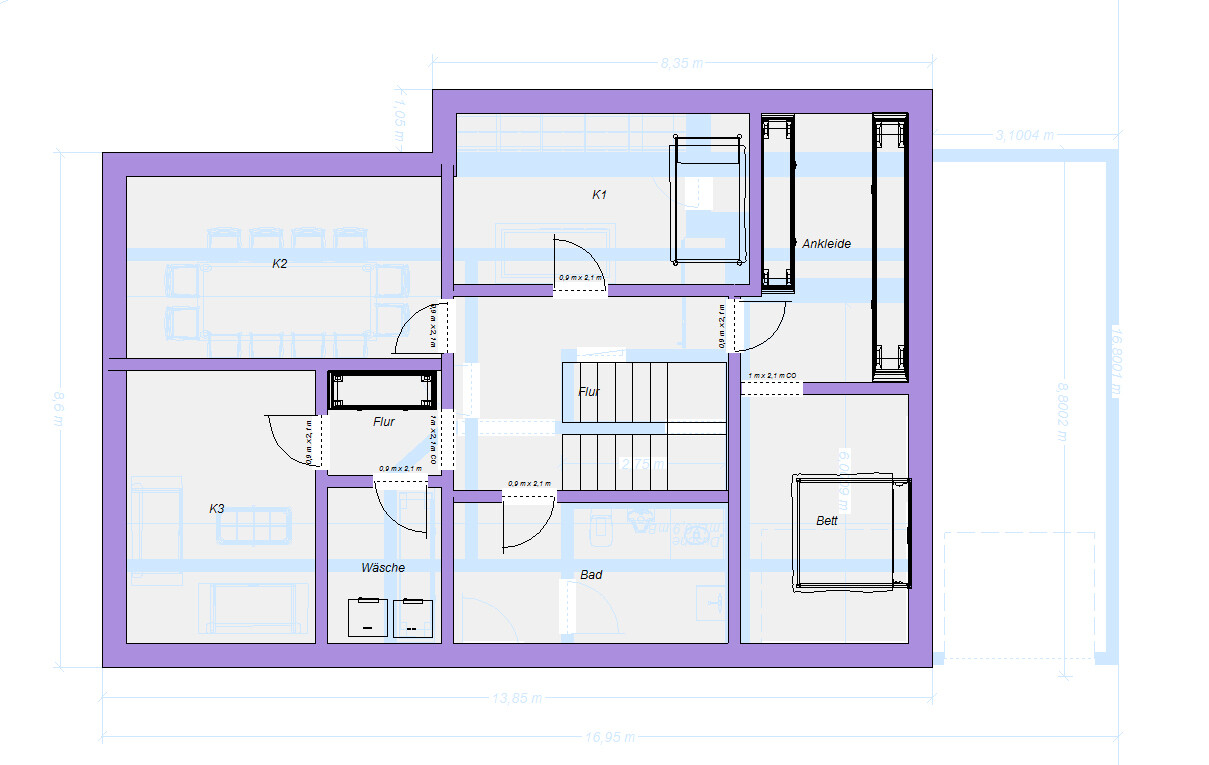 Grundriss eines Wohnhauses: Flur, Bad, Wäsche, Bett, Ankleide und Zimmer K1–K3.