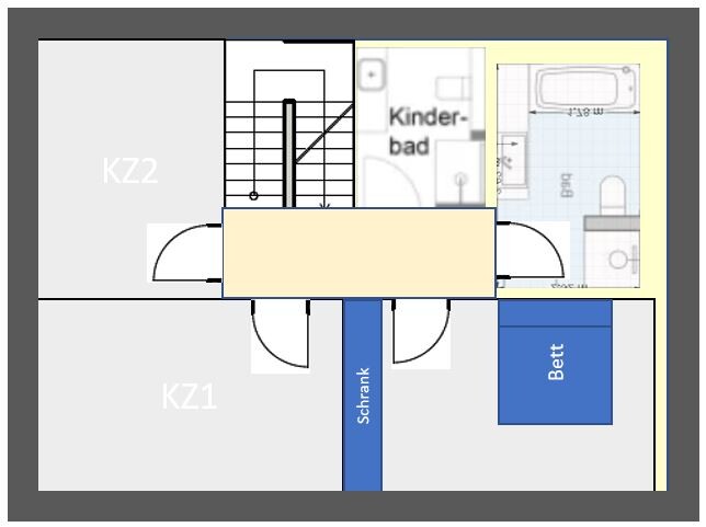 Grundriss eines Innenraums mit KZ1 und KZ2, Flur, Schrank, Bett und Kinderbad.