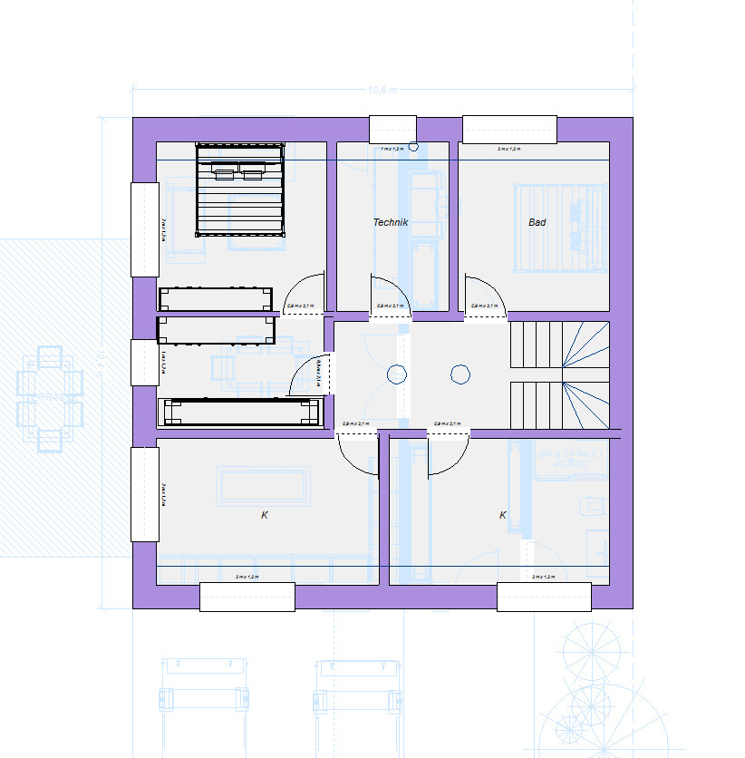 Grundriss eines Hauses mit Küche (K), Technikraum, Bad, Treppenhaus und Fluren.