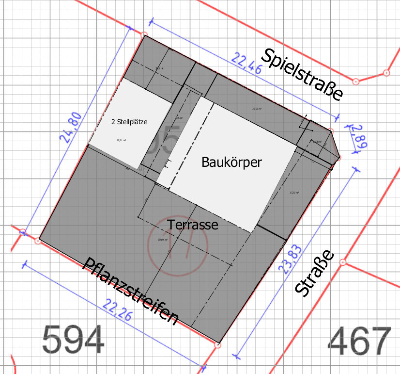 Grundriss eines Baukörpers mit Terrasse, Pflanzstreifen, zwei Stellplätzen und Spielstraße.