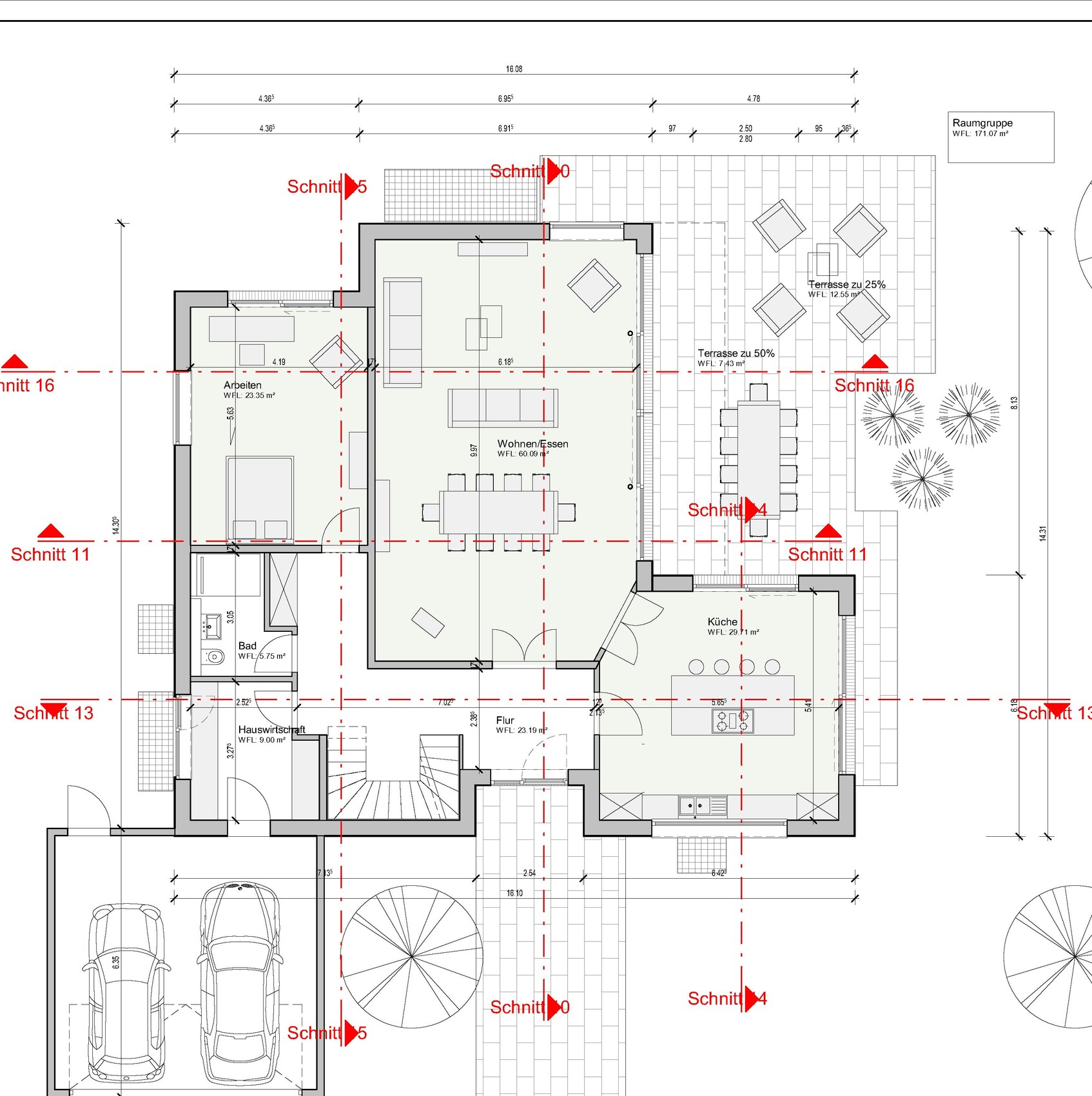 Grundriss eines Einfamilienhauses: Wohn- und Esszimmer, Küche, Bad, Terrasse, Doppelgarage