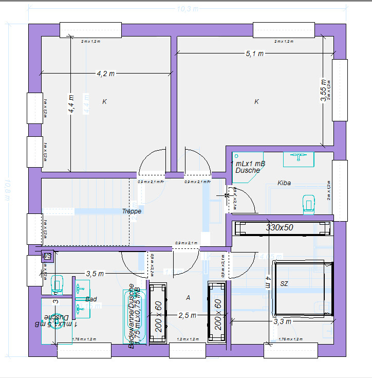 Grundriss eines Apartments: Treppenhaus, zwei große Zimmer, Schlafzimmer, Küche, Bad und Flur.