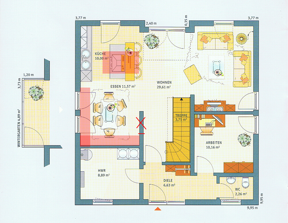 Grundriss eines Hauses: Küche, Essen, Wohnen, Arbeiten, Diele, Treppe, HWR, WC und Wintergarten.
