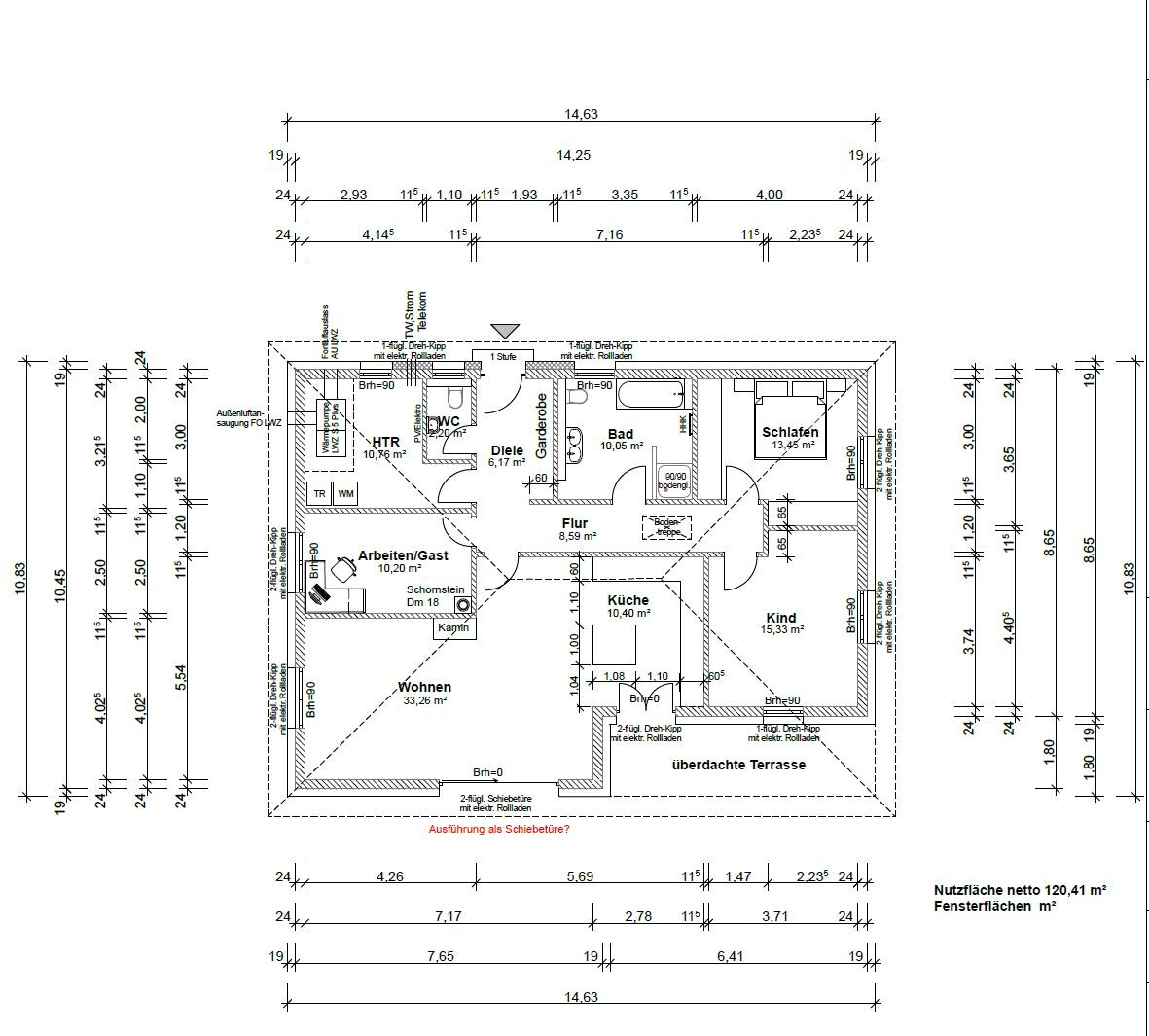 Grundrissplan eines Hauses mit Wohnzimmer, Küche, Bad, Schlafzimmer und Terrasse
