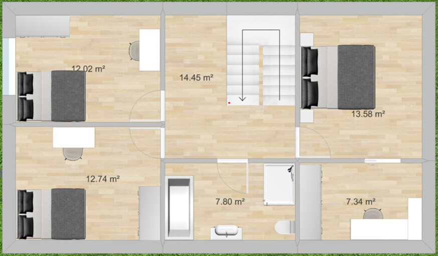 Grundriss einer Wohnung mit sechs Zimmern, zentralem Treppenaufgang, Betten, Tisch und Badezimmer.