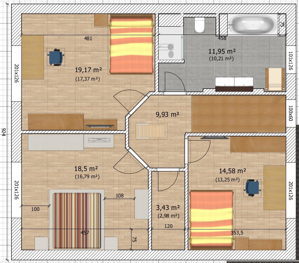 Grundriss einer Wohnung mit drei Schlafzimmern, Badezimmer und Flur.