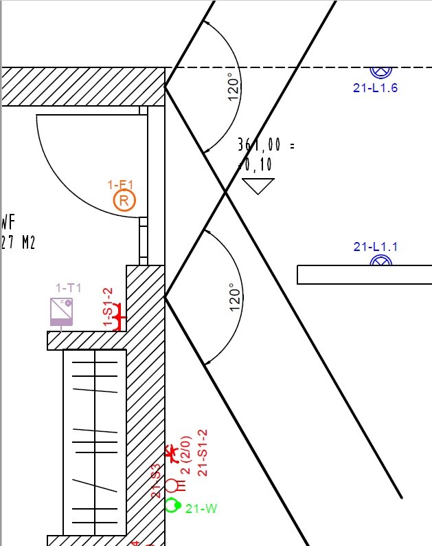 Technische Zeichnung: Tür mit Öffnungsbogen, Treppenbereich links, diagonale Balken, 120° Winkel.