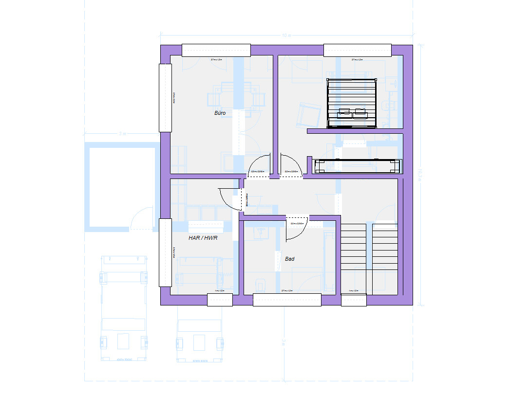 Grundriss eines Hauses: Büro, HAR/HWR, Bad, Schlafzimmer; Treppenhaus; Außenbereich mit Stellplätzen