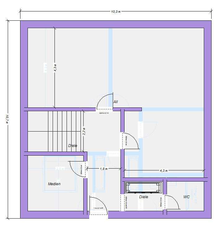 Grundriss eines Hauses mit Diele, Medienraum, WC, Treppenhaus und Türen.