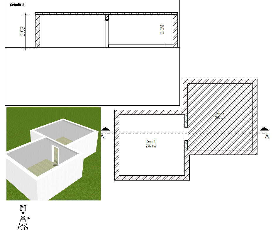 2D-Grundriss mit Raumbeschriftung und 3D-Hausansicht