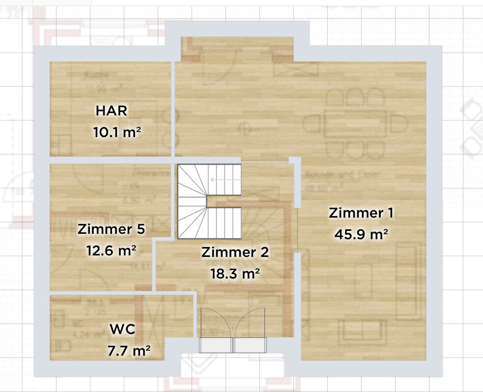 Grundriss eines Hauses mit HAR, WC und Treppe; Zimmer 1 45.9 m², Zimmer 2 18.3 m².