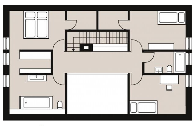 Grundriss eines Apartments mit zentralem Treppenaufgang, zwei Schlafzimmern und zwei Bädern.