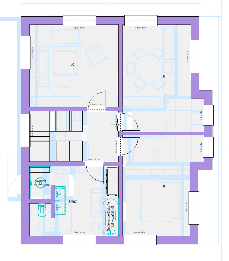 Grundriss einer Wohnung mit zwei Zimmern, Bad, Dusche, Küche, Türen und Möbeln, violette Wände.