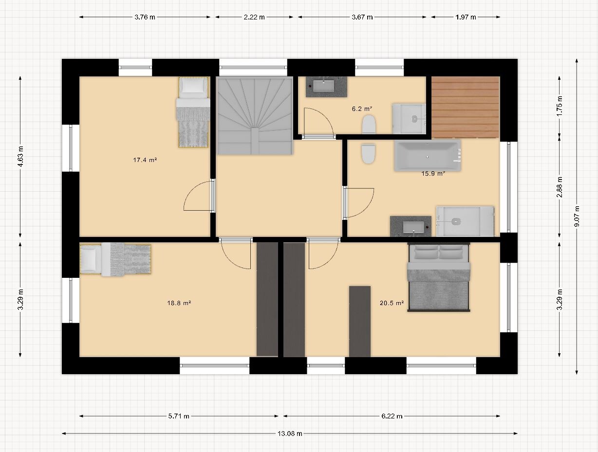 Grundriss eines Hauses mit vier Zimmern, Bad, Treppenaufgang und Möbeln.