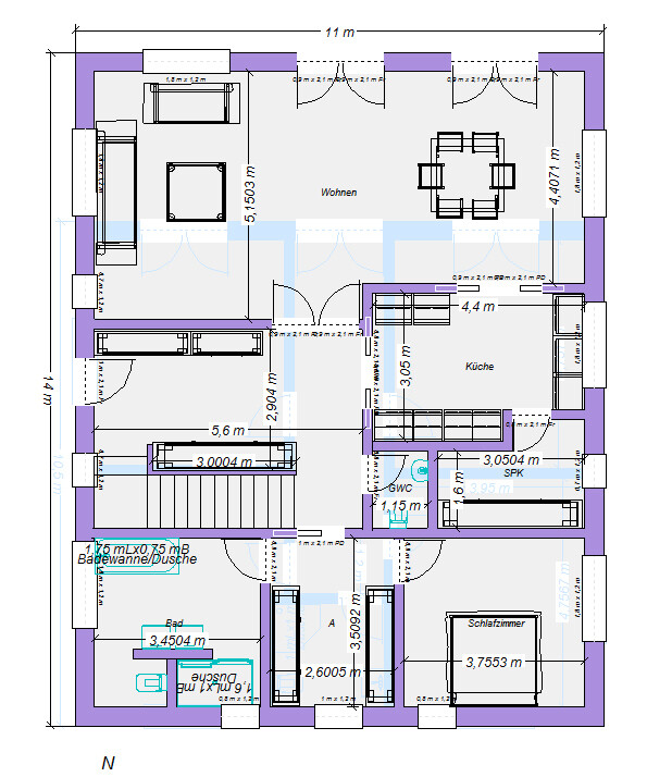 Grundriss eines Hauses mit Wohnzimmer, Küche, Bad, WC und Schlafzimmer.