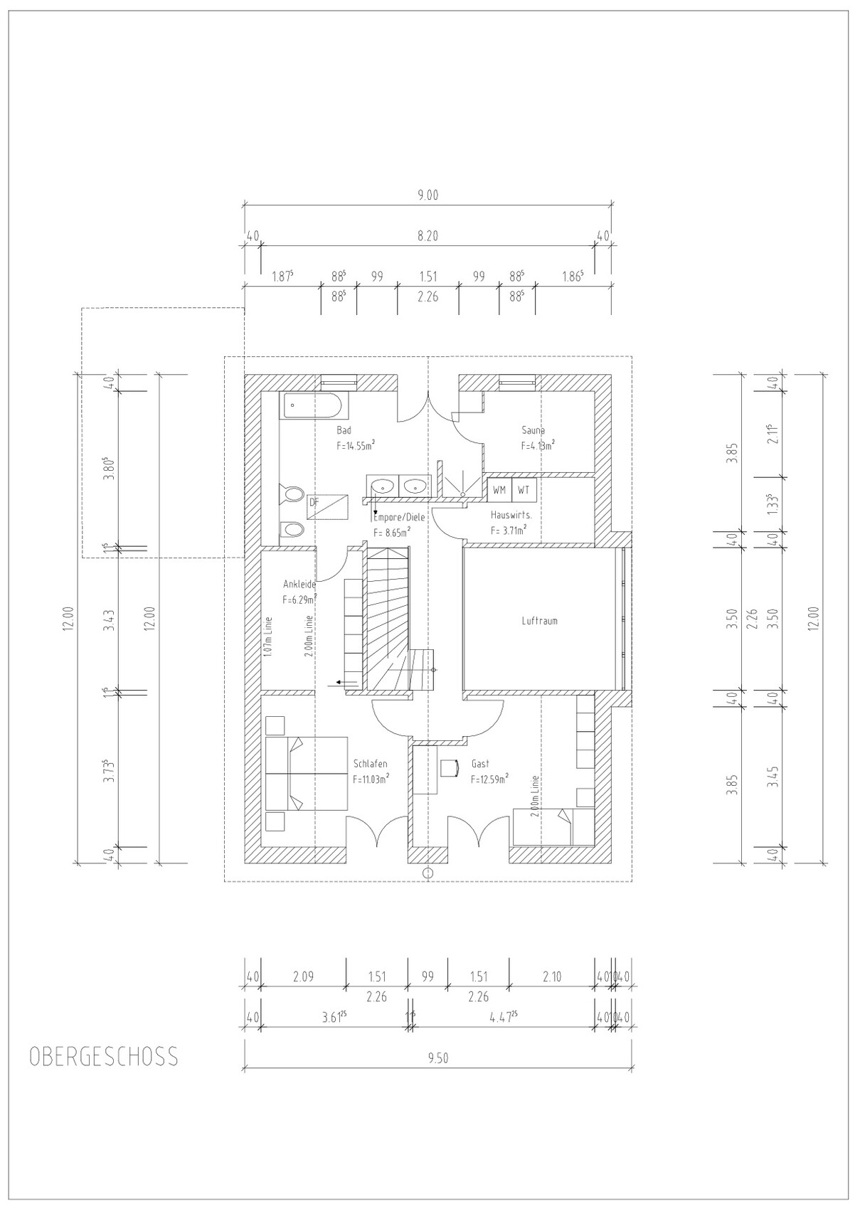 Grundriss Obergeschoss: Schlafzimmer, Gast, Bad, Ankleide, Sauna, Luftraum, Treppenbereich.