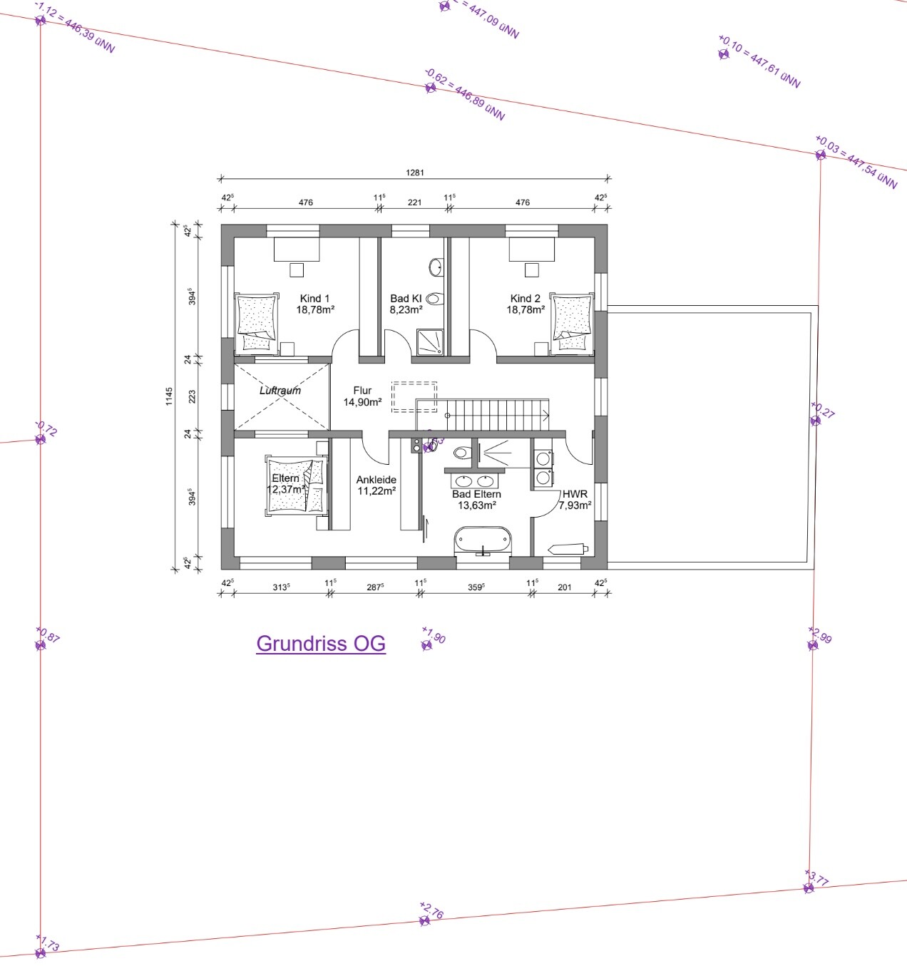Grundriss Obergeschoss: Elternzimmer mit Ankleide, Bad Eltern, 2 Kinderzimmer, Flur, HWR.