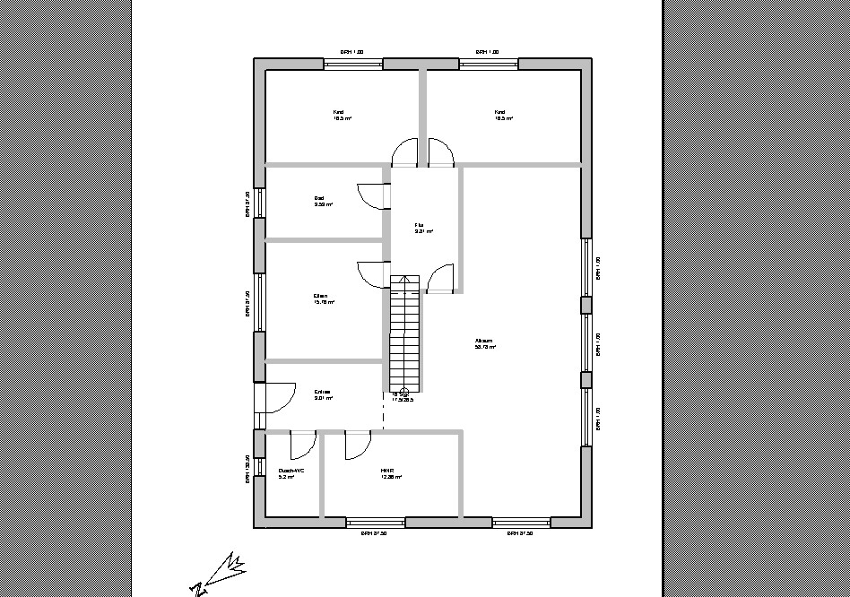 Grundriss eines Hauses mit zentralem Treppenhaus, mehreren Zimmern und Türen.