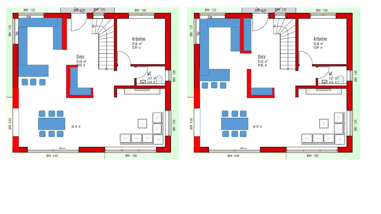 Zwei ähnliche Grundrisspläne eines Hauses mit Wohnküche, Esstisch, Sofa, Arbeitsbereich und Treppe.
