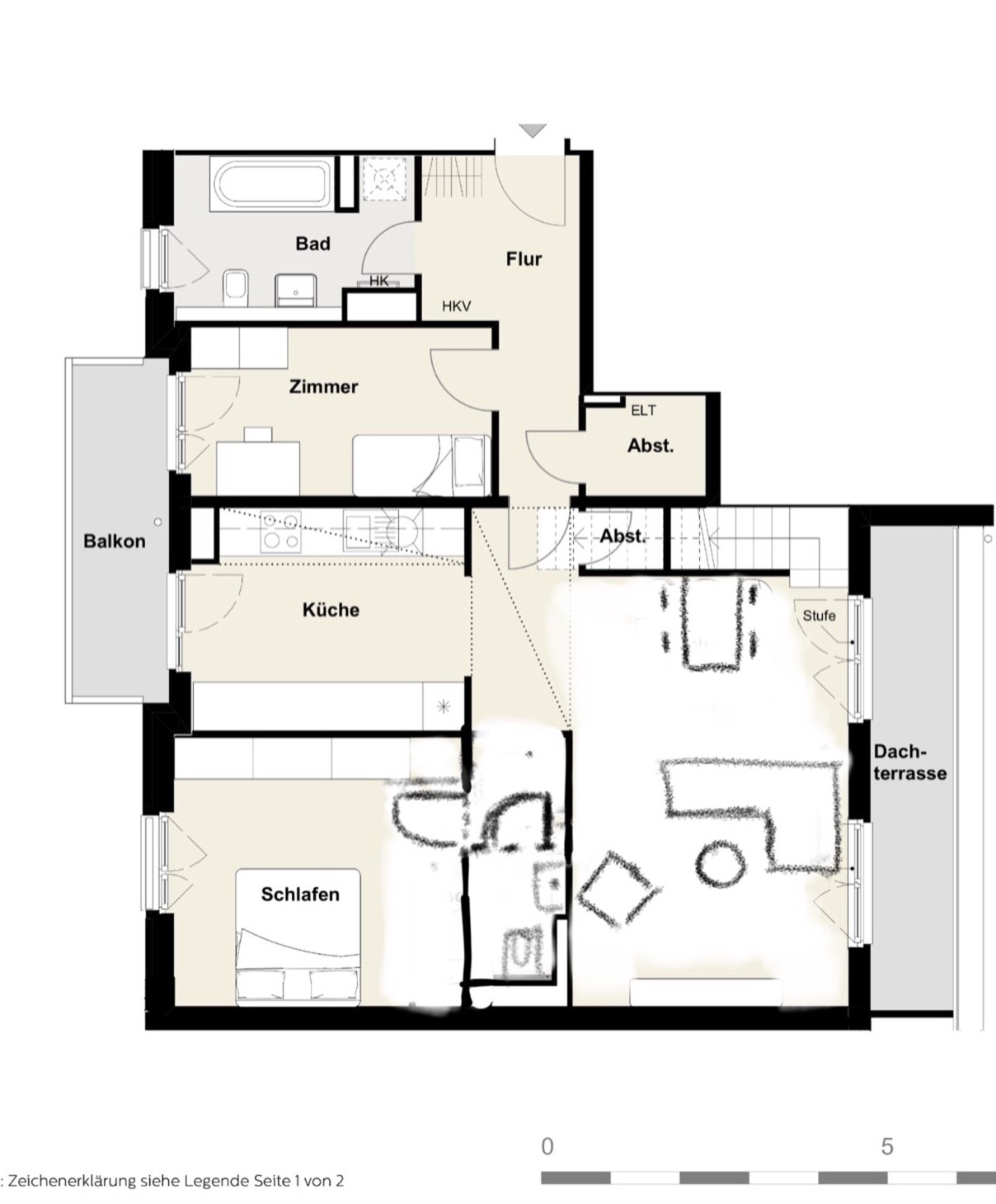 Grundriss einer Wohnung mit Küche, Schlafzimmer, Wohnzimmer, Bad, Flur, Balkon und Dachterrasse