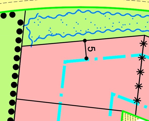 Kartenausschnitt: pinkes Gebiet mit cyan Linien Wasserfläche oben Zaunpunkte rechte Sternmarke