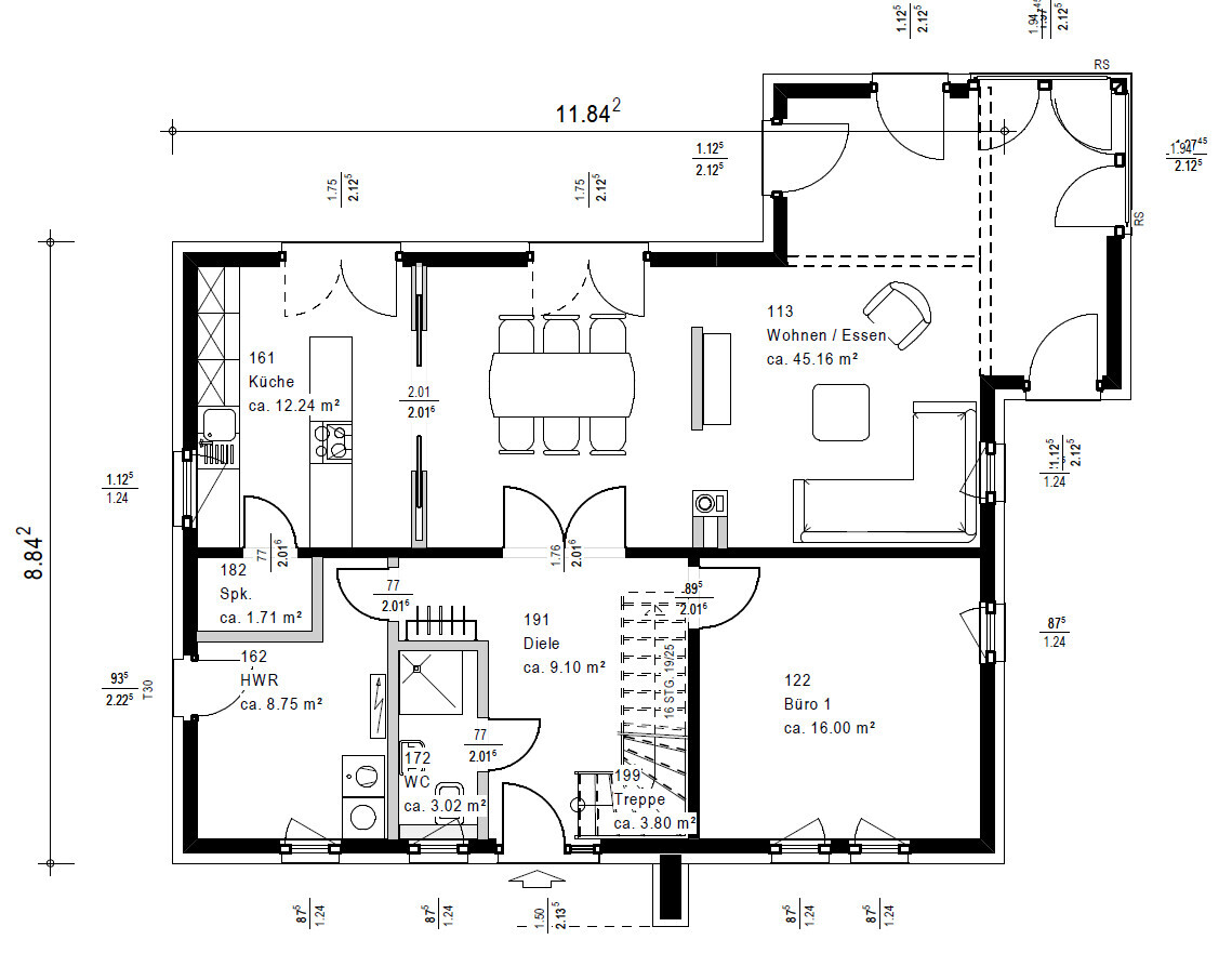 Grundriss eines Wohnhauses: Küche, HWR, WC, Diele, Treppe, Büro 1 und Wohn-/Essbereich.