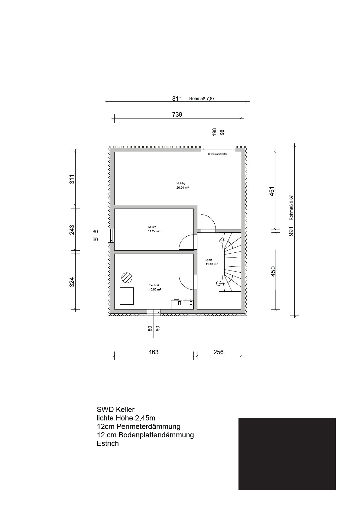 Kellergeschoss-Grundriss mit Hobby-, Keller-, Technik- und Diele-Räumen sowie Treppe.