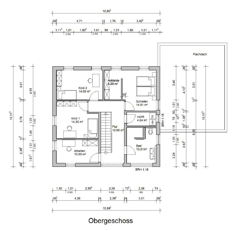 Obergeschoss-Grundriss: Schlafzimmer, Kinderzimmer, Arbeitszimmer, Ankleide, Bad, HWR, Flur.
