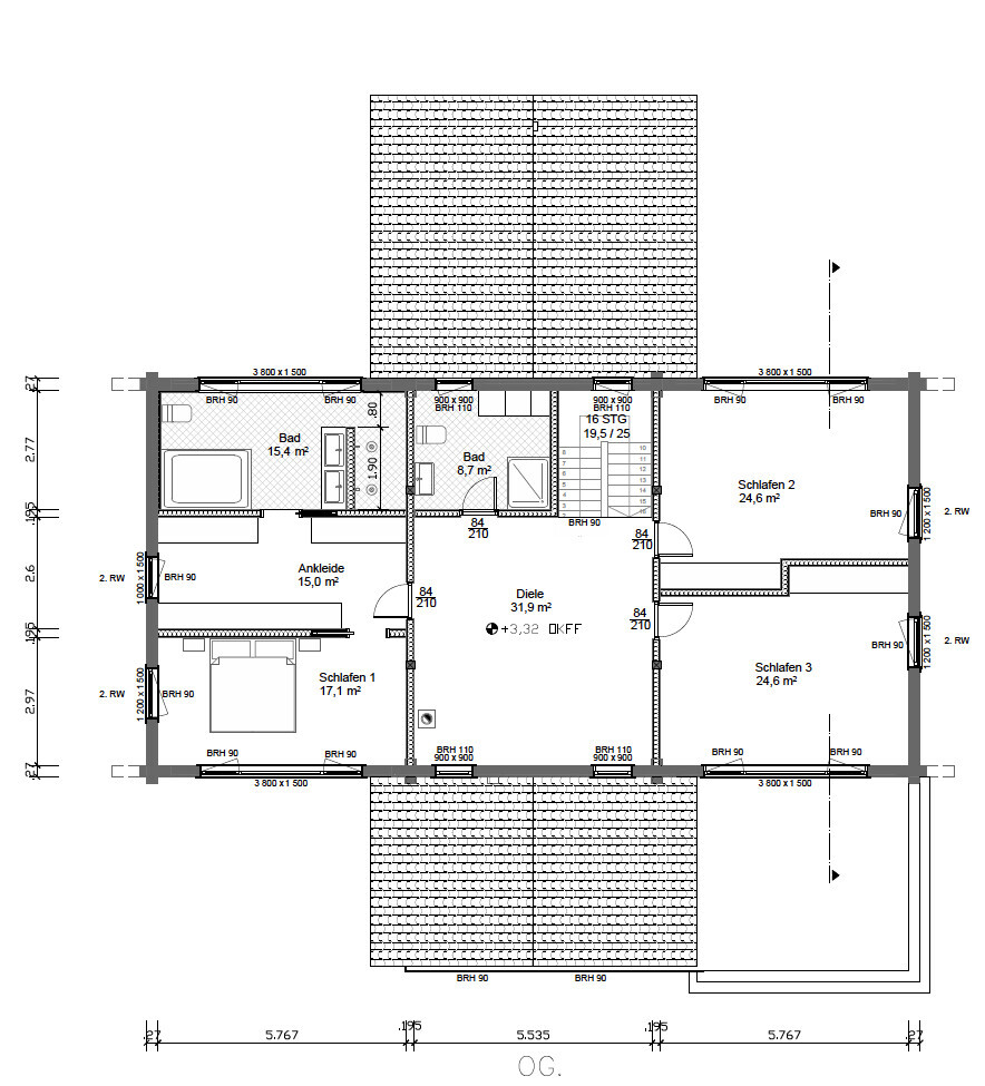 Grundriss Obergeschoss: drei Schlafzimmer, zwei Bäder, Ankleide und Diele.