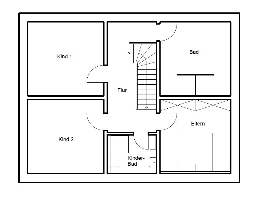 Grundriss eines Obergeschosses: Flur verbindet Kind 1, Kind 2, Eltern, Bad, Kinder-Bad, Treppe.