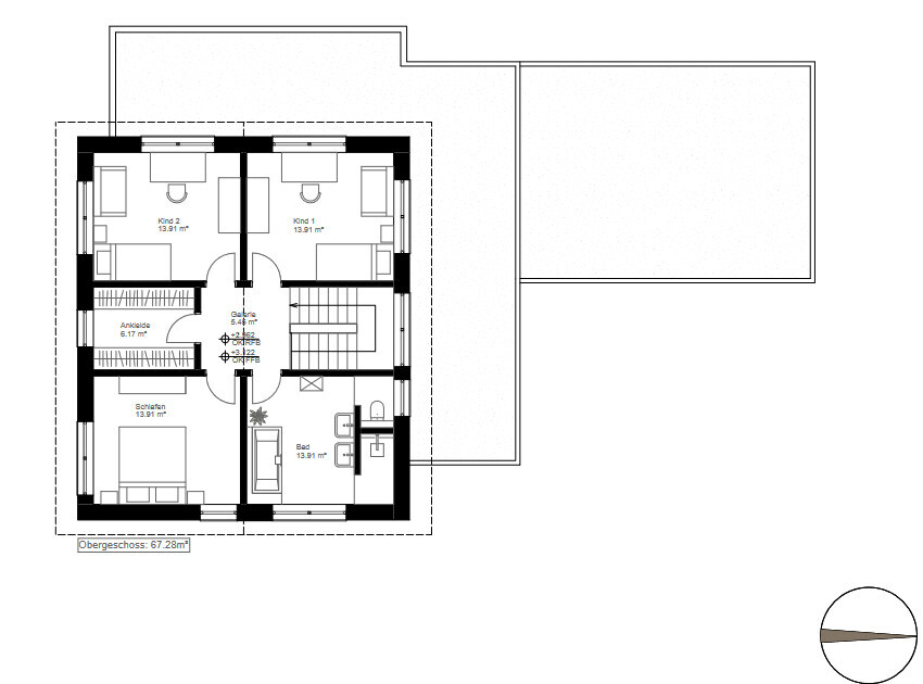 Obergeschoss-Floorplan: zwei Kinderzimmer, Schlafzimmer, Ankleide, Bad, Flur und Treppe