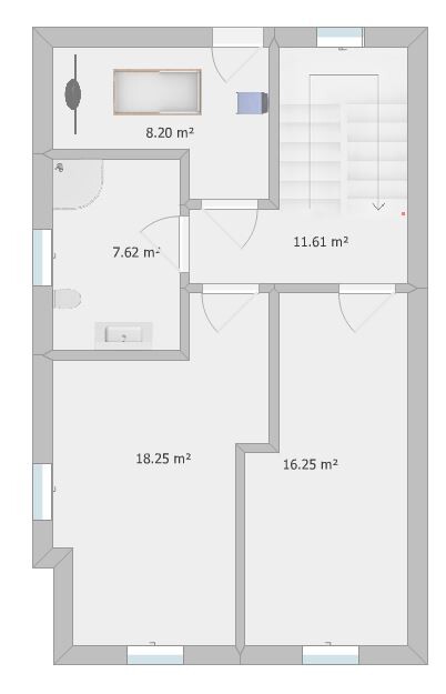 Grundriss eines Hauses mit Treppe und fuenf Zimmern; Groessen: 8,20; 7,62; 11,61; 18,25; 16,25 m².